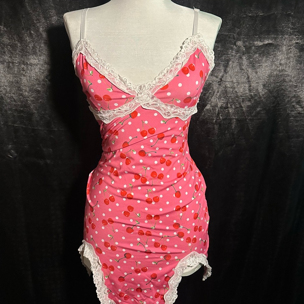 Cherry Print Pink Slip Dress | Lace Trim Mini Y2K